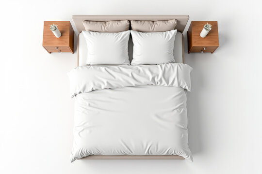 bright double bed with bedside tables on a white background top view