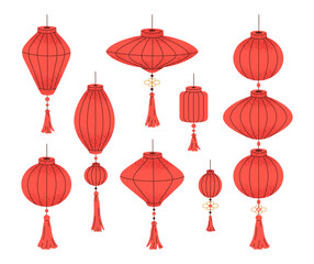 Chinese New Year lanterns. Traditional asian red paper lamps, festive holidays street decorations flat vector illustration set. Oriental paper lanterns collection