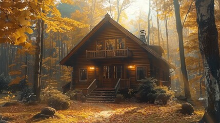Chalet in the woods, relaxing atmosphere, pleasant sunbeams between the trees, autumn weather.