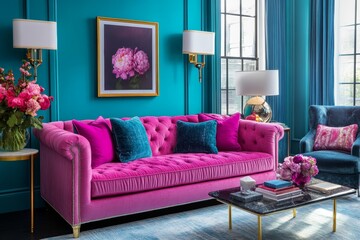 Chic interior design featuring a pink sofa and turquoise wall