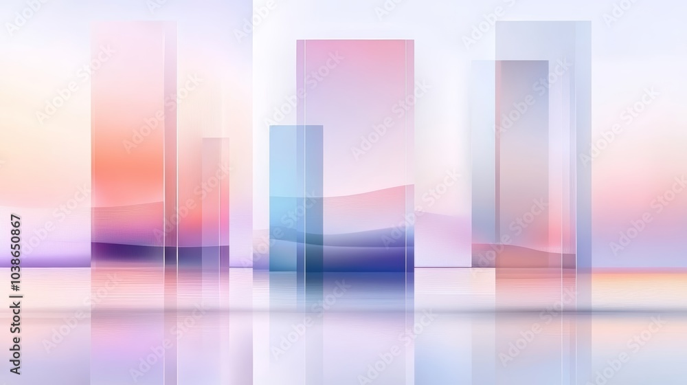 Poster a serene abstract landscape featuring translucent structures and soft pastel colors, creating a tran