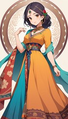 A young woman in a beautiful orange and blue sari.