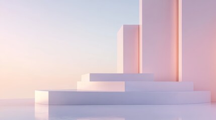 A serene, minimalist scene featuring white geometric structures against a pastel sky.
