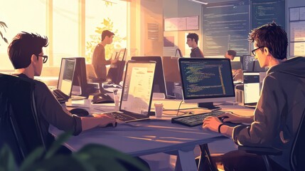 Visual Illustration of a Team of Software Developers Coding in a Light-filled, Open-plan Office, Vector Format