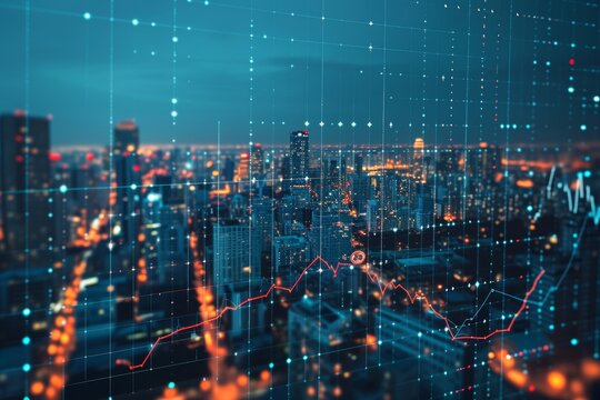 Data visualization showing investment analysis and financial strategy over a city skyline at dusk