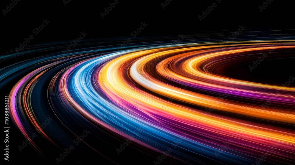 Poster a vibrant swirl of light trails in a dark background, showcasing dynamic motion and colorful pattern