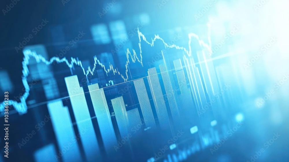 Aufkleber widescreen abstract financial graph with uptrend line and bar chart of stock market on blue color ba