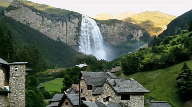stone village scenic waterfall cascading valley highlighting serene beauty location hiking tour tourism europa scene scenery vacation