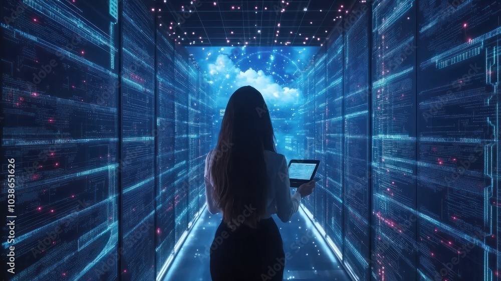 Poster woman uploading and transferring data from computer and tablet to cloud computing. digital technolog