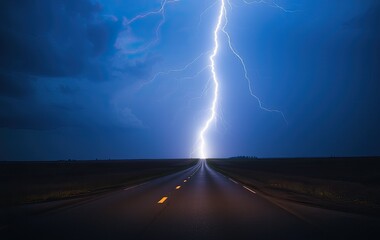 A lightning strike illuminates the sky over a dark, empty road.