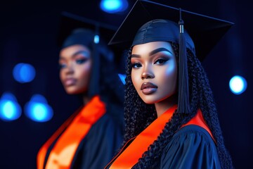 Obraz premium A Black female graduate shines brightly amidst glowing binary code in a dark setting. Generative AI