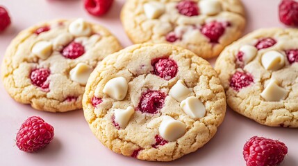 Raspberry white chocolate chip cookies, isolated on a light pink background, with fresh raspberries and white chocolate curls for decoration