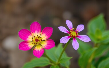 Fototapeta premium A vibrant pink and yellow flower blooms next to a soft purple flower.