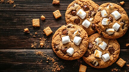 S’mores chip cookies on a vintage wooden table, with toasted marshmallows and graham cracker crumbs sprinkled around
