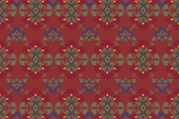 Flowers on red cloth , seamless ikat fabric pattern, digital file download