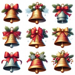 Set of Christmas bells, intricately detailed with festive red and gold accents, isolated on a crisp white background for a clean, minimal holiday display