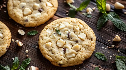 White chocolate macadamia chip cookies on a polished wood surface, with decorative sprigs of mint and macadamia nuts scattered around