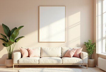 Naklejka premium a bright living room with sofa and Mockup frame on the wall for a copy space,