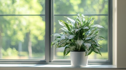 Fototapeta premium A Silver Queen plant featured in a contemporary home office, with natural light filtering through large windows.