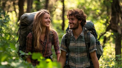 Fototapeta premium a young couple joyfully hiking through a lush green forrest