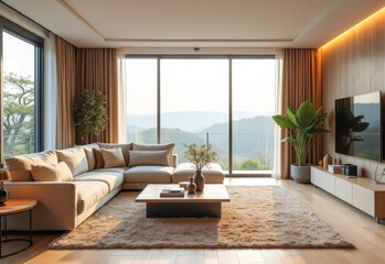 Fototapeta premium stylish living room with a large bright window and designer furniture