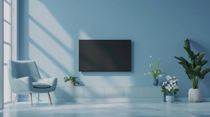 Minimalist interior with gray wall mounted Tv in cabinet, AI generated image