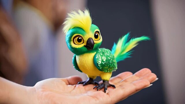 Green Feathered Parrot with Sparkles in Hand