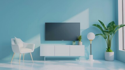 Minimalist interior with gray wall mounted Tv in cabinet, AI generated image