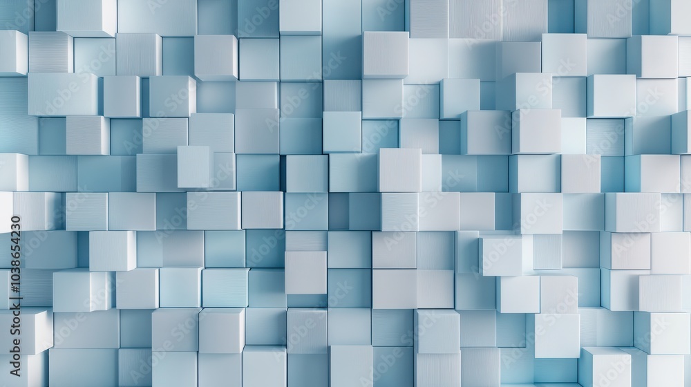 Poster a 3d of a geometric pattern composed of numerous light blue cubes arranged in a grid-like fashion, c