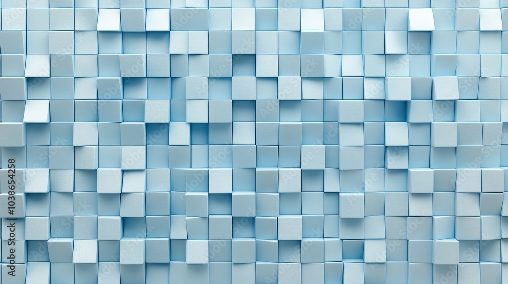 Poster a 3d of a geometric pattern composed of numerous light blue cubes arranged in a grid-like fashion, c
