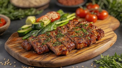 Grilled Steak with Fresh Vegetables on Wooden Board