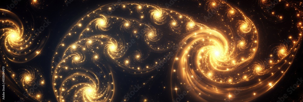 Poster intricate golden spirals and stars weave together against a dark backdrop, embodying a vibrant and f