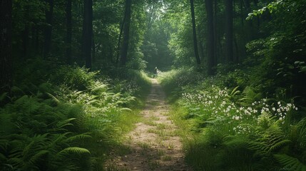 Obraz premium A peaceful forest path lined with ferns and wildflowers, with a person gently walking through, enjoying the stillness and fresh air as part of their Shinrin-yoku practice, surrounded by dense greenery