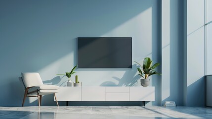 Minimalist interior with gray wall mounted Tv in cabinet, AI generated image