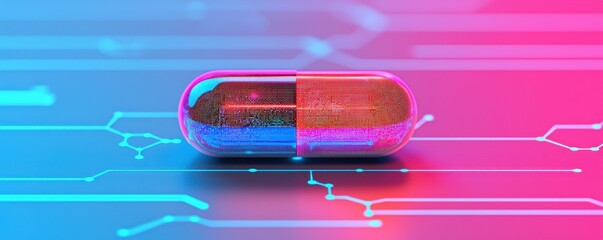 Digital pill technology for health concept. A vibrant digital capsule rests on a circuit-patterned surface representing the intersection of technology and medicine