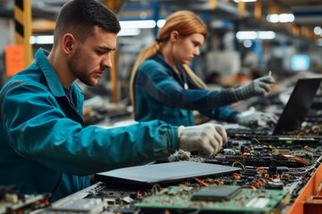 Caucasian male and female workers carefully dismantling old laptops for recycling electronic components at an electronics factory