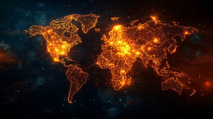 A Glowing Digital World Map with Interconnected Cities and Networks
