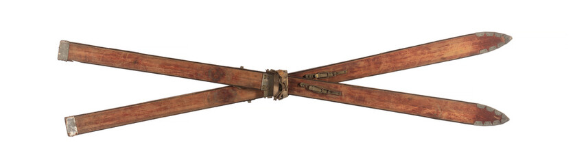 vintage wooden skis isolated on white background