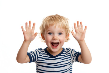Happy Toddler with Raised Hands Smiling, Excited Child Expressing Joy with Hands Up
