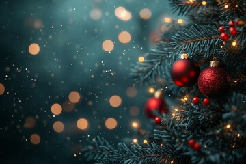 Obraz premium Christmas Tree with Red Baubles and Lights on a Blue Background