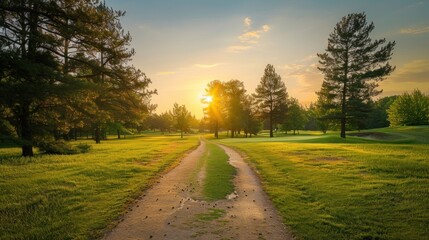 Fototapeta premium A winding dirt road leads to the green fairway of an elegant golf course
