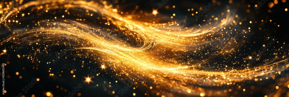 Poster golden spirals and stars intertwine against a dark backdrop, showcasing a mesmerizing abstract repre