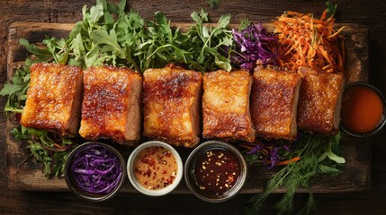 Delicious Fried Pork Belly on Fresh Greens Platter