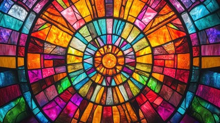 Vibrant stained glass window with intricate patterns and bright colors, creating a beautiful visual display.