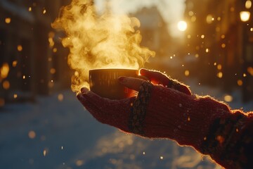 Cozy winter vibes with a steaming cup on a sunlit snowy day. Generative AI