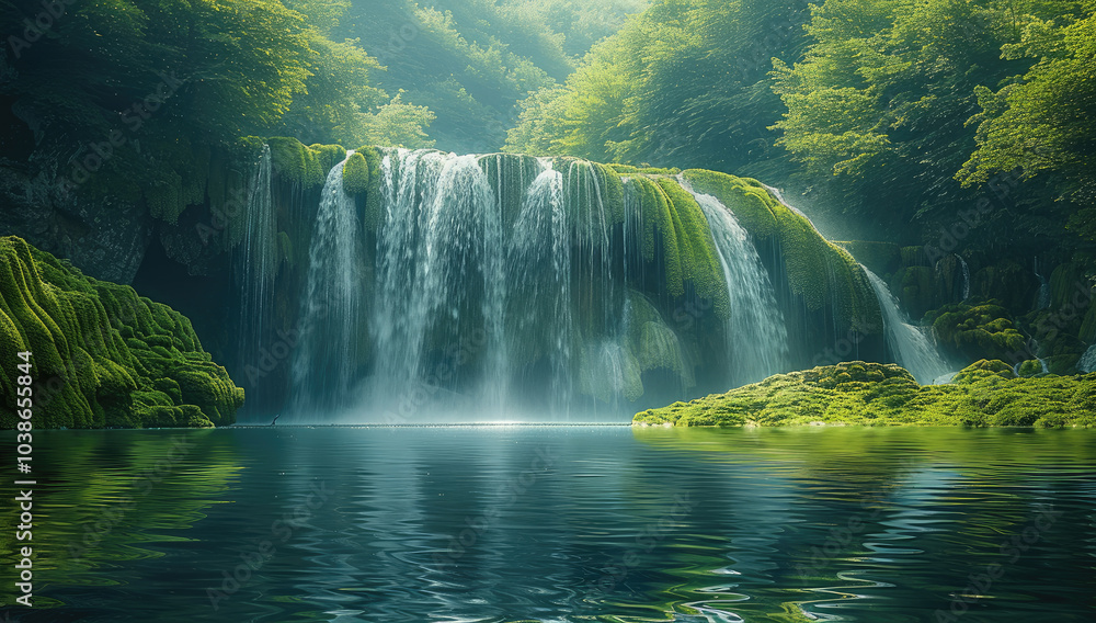 Poster A serene waterfall cascades down moss-covered cliffs, reflecting in the calm waters below. The lush greenery of the canyon is visible on both sides as the water splashes and flows along its path.