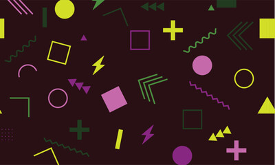 Seamless Memphis Pattern Design with green and pink colors on dark isolated background