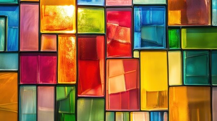 Abstract colorful glass window with intricate tile work, blending various shades of glass in a modern pattern.