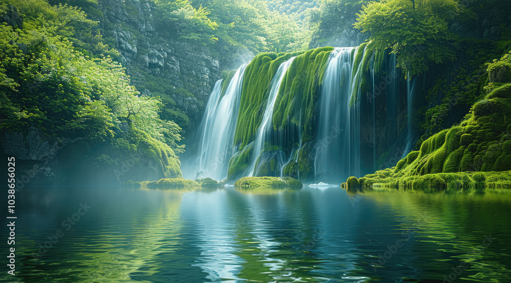 Poster a serene waterfall cascades down moss-covered cliffs, reflecting in the calm waters below. the lush 