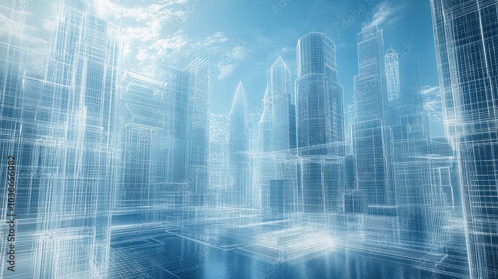 Poster a futuristic cityscape rendered in digital wireframes, showcasing the integration of building inform